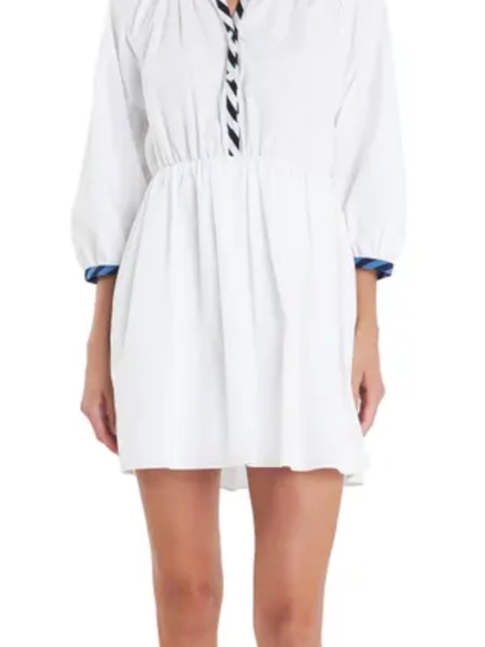 English Factory White Mini Dress with Black-and-Blue Trim